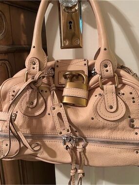 Auth Chloe Paddington Large satchel peach nude beige Leather vintage LIKE NEW